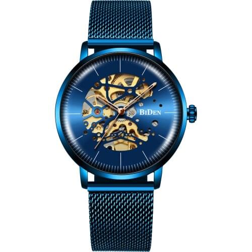 BIDEN Luxury Blue Case Skeleton Golden Mechanical Watch Men Automatic Self-Wind Watches Mesh Band Wristwatch Male