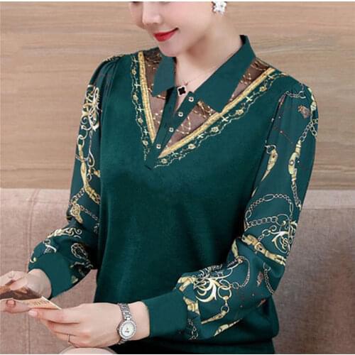 Autumn Winter New Style Hollow Bottoming Shirt Female Turndown Collar Stretch Plus Size Long Sleeve Printed Blouse Women Y748