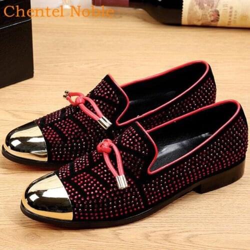 Brand Chentel Noble Manual Crystal Metal Mens Flock Dress Shoes Handsome Flat Slip-On Casual Mens Shoes Party Unique Male