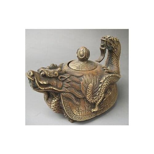 Art Bronze Decoration Crafts Brass Rare Old Wonderful Rare Oriental Bronze Signed Carved Dragon Teapot Statues