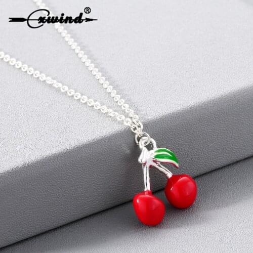 Cxwind Fruit Necklace For Women Girl Cute Cherry Pendant Collares Enamel Leaf Necklaces Bijoux Colier Fashion Statement Jewelry