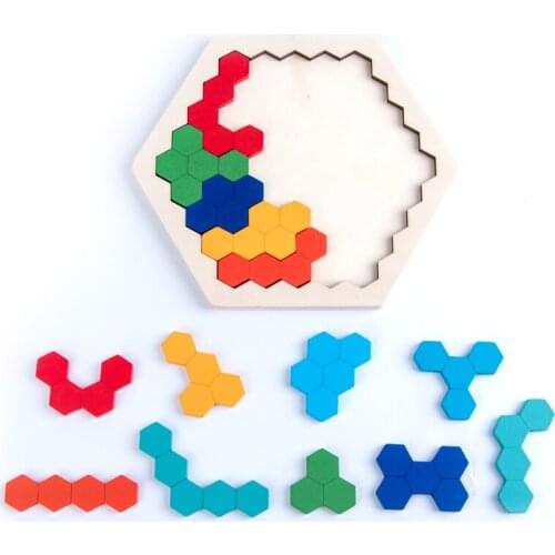 Wood Puzzles IQ Hexagon Puzzle Honeycomb Shape Tangram Board Toy Interesting Changeful Puzzle Toys for Children Adults Education