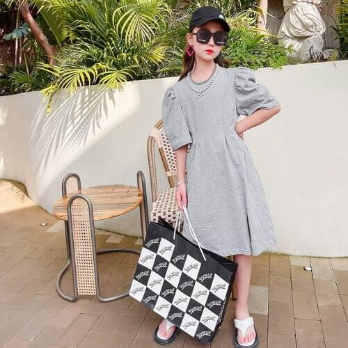 Children Summer Gray Dress 2021 New Middle School Big Girl Short Sleeve Cotton Dresses Vestidos Sukienka Dziewczynka