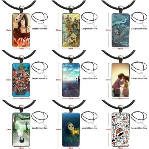 For Girls Japan Spirited Away No Face Glass Cabochon Choker Pendant Rectangle Necklace Steel Color Jewelry