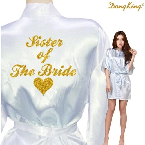 DongKing SISTER OF THE BRIDE Bridal Party Robes Sister of the Bride Heart Golden Glitter Print Kimono Robes Satin Wedding Robe