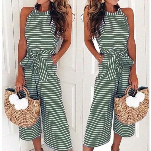 Elegant Summer Fashion Overalls Women Striped O-Neck Sleeveless Long Rompers Elegant Belt Bow Loose Party Jumsuit