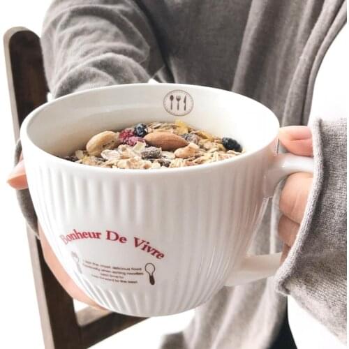 European retro ceramic cup with cover large breakfast oatmeal milk cup Large Capacity Drinkware Home Soup Handgrip Cups