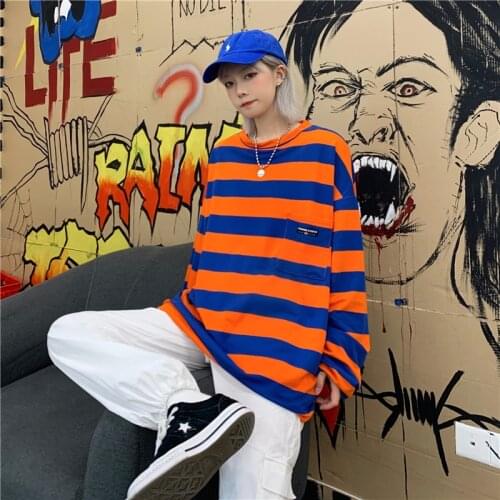 Korean Kpop Hip Hop Lively Orange Stripes Long Sleeve T-Shirt Woman Unisex Couple Oversize Emo Urban Top90s Tee Grunge Clothes
