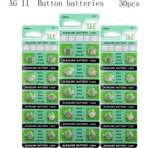30pcs/pack AG11 20mAh 362 LR721 Button Batteries For Watch Toys Remote SR721 162 Cell Coin Alkaline Battery 1.55V