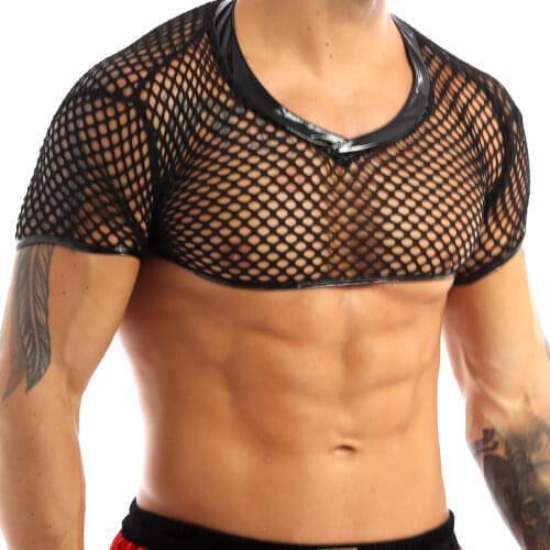 XXL Men Sexy Muscle Crop Tank Top Nightclub Erotic Tops T-shirt Short Sleeve Fishnet Mesh Vest Gay Clubwear Performance Clothing
