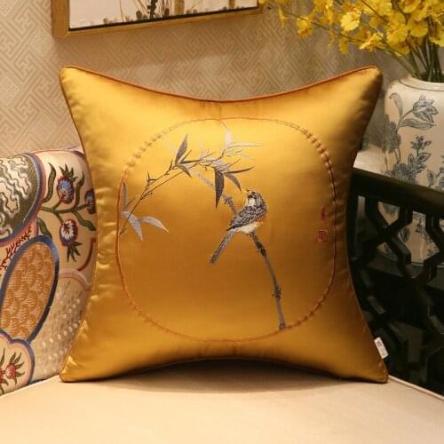 Chinese Style Bamboo Birds Embroidered Cushion Covers High-grade Pillowcases Red Blue Classical Waist Pillow Cover Decoration