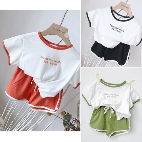 2021 Summer New Childrens Clothing Girls' Short-Sleeved T-shirt Suit Fashionable Top and Shorts Two-Piece Suit
