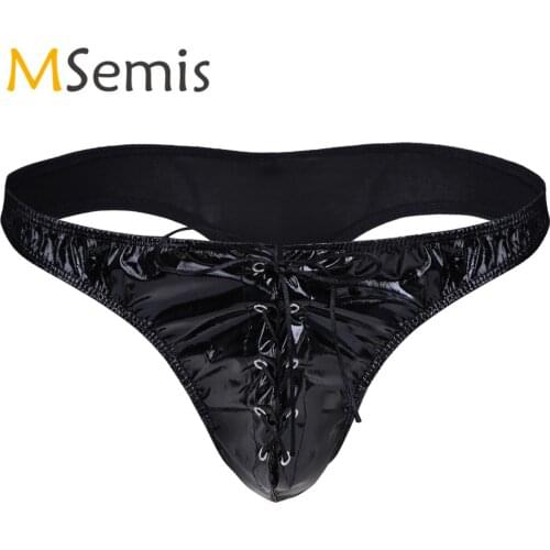 Swimwear Mens Swimsuit Lingerie Patent Leather Lace-up Front Swim Briefs G-String Thong Bikini Underwear Male Underpants