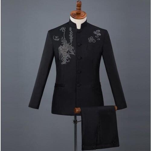 Singer star style dance stage Sequin clothing men groom suit set with pants Chinese tunic suit mens wedding suits formal dress