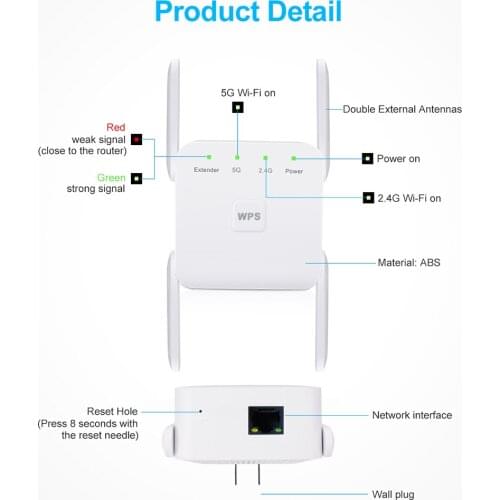 Plastic 1200Mbps 2.4G 5G Wireless Wifi Repeater 4 Antennas Signal Booster EU