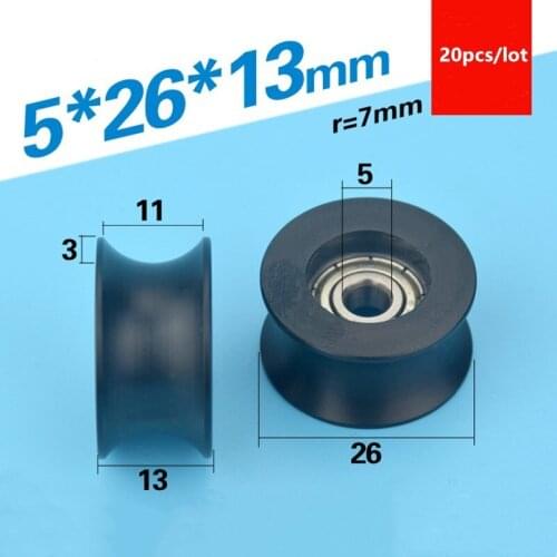 20pcs U groove Plastic coated bearing 625ZZ 5*26*13mm POM roller wheel track guide nylon wrapped pulley Bore 5mm Diameter 26mm