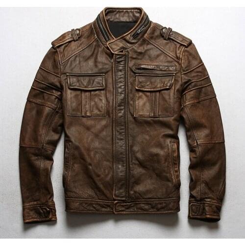 Super Offer! 2002, Asian Size Read Description Genuine Cow Skin Leather Jacket Mens Cowhide Thick Vintage Biker Coat