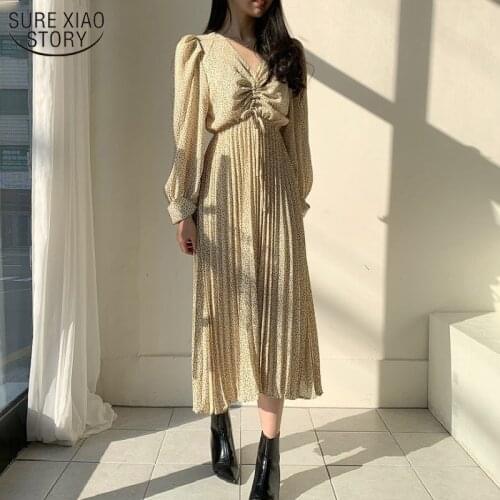 A-type Vintage Long Dress Korean V-neck Ruffled Bubble Lantern Long Sleeves Dress Printed Pleated Floral Chiffon Dresses 9968