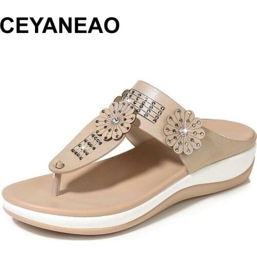 CEYANEAO Womens highest quality leather ladies' slippers; Flip Flops for girls; Summer slippers on the platform
