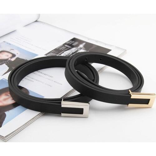 Womens Belt New Chic Gold Geometric Metal Buckle Belt Girl Simple Thin Belt Dress Accessories Jeans Leather Strap