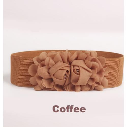 Wide Belt 2019 Double Flower Design for Women Dress Elastic Stretch Waist Belt Wide Stretch Waistbands New Fashion Red Pink Band