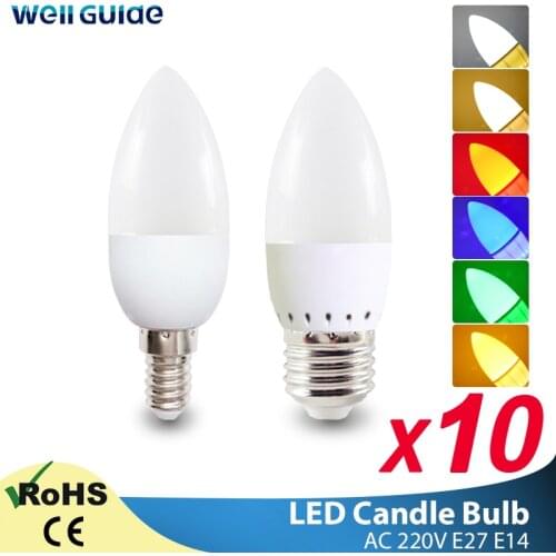 10Pcs/lot E14 LED Candle bulb E27 LED bulb AC 220V led light chandelier lamp 3W Lamps Decoration Light six color Energy Saving