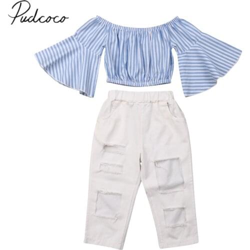 2019 Children Summer Clothing Fashion Toddler Baby Girl Kid Off Shoulder Crops Flare Sleeve Tops Ripped Pants 2Pcs Sets Outfits