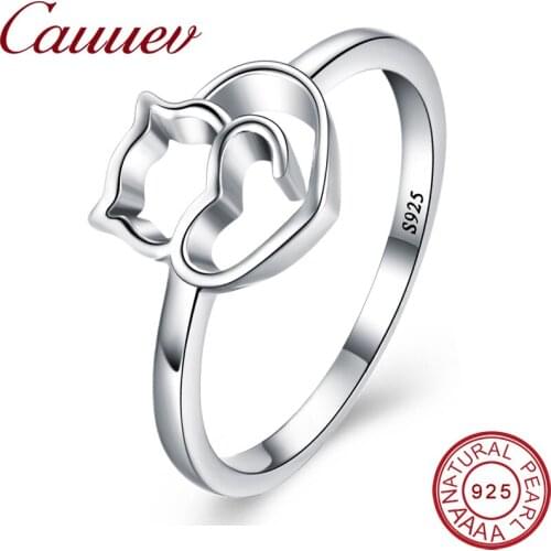 2020 HOT Authentic 100% 925 Sterling Silver Naughty Little Cat &Heart Finger Ring for Women Sterling Silver Jewelry Gift Jewelry