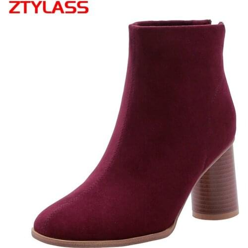 2021 New Autumn Winter Women Boots Thick High Heel Ankle Boots Fashion Zipper Square Toe Short Boots Faux Suede Women Shoes