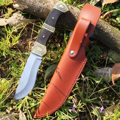 7Cr17mov Stainless Steel Fixed Blade Knife Titanium Black Stainless Steel Blade Wood Handle Camping Knife Tools & Leather Sheath
