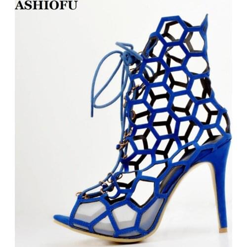 ASHIOFU New Handmade Womens High Heel Sandals Rhombus-style Party Summer Cross-straps Evening Fashion Club Sandals Shoes XD171