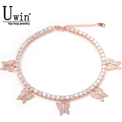 Uwin Butterfly With Tennis Anklet 9inch Extension Chain Square And Round Iced Out Link Bling Bling Hip Hop Jewelry For Women Men