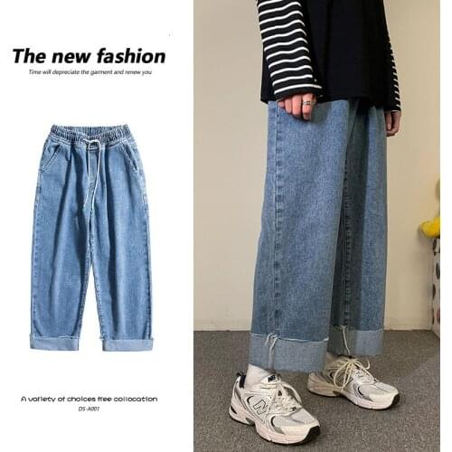 Drawstring Wide-leg Jeans Mens Fashion Casual Retro Blue Jeans Men Streetwear Korean Loose Straight Denim Pants Mens M-5XL