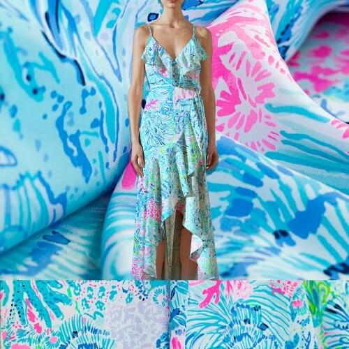 Printed fresh fluorescence blue floral pattern pure 100% silk crepe de chine fabric,sewing for shirt,dress,craft by the yard