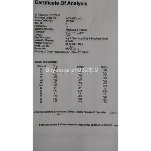 Hafnium Wire ,dia 1.5mm