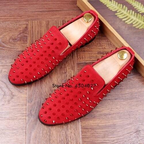 Luxury design spikes studded men shoes loafers pointed toe flats rivets fashion men party wedding shoes black red purple
