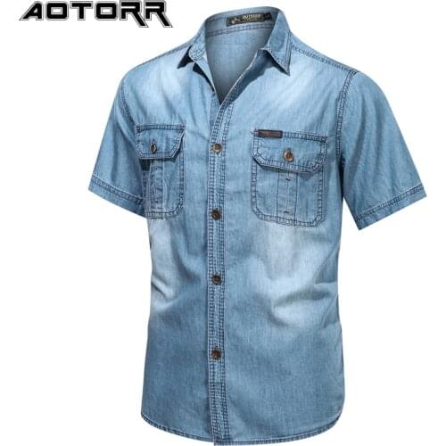 2021 Summer Mens Slim Thin Shirt Blue Cowboy Short Sleeved Shirts Fashion Solid Color Business Casual T-shirt Shirt Men