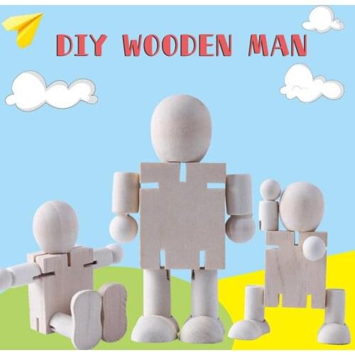 2021 New Creative Painting Graffiti Wooden Man White Blank Diy Wooden Robot Doll Joint Puppet Handmade Toy