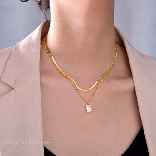316L Stainless steel 2021 new fashion square necklace double layering wear collarbone chain light luxury niche design sense