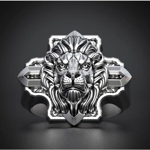 New Fashion Domineering Men Ring Personality Cross African Grassland Lion Ring for Men Punk Motorcycle Jewelry Anniversary Gift