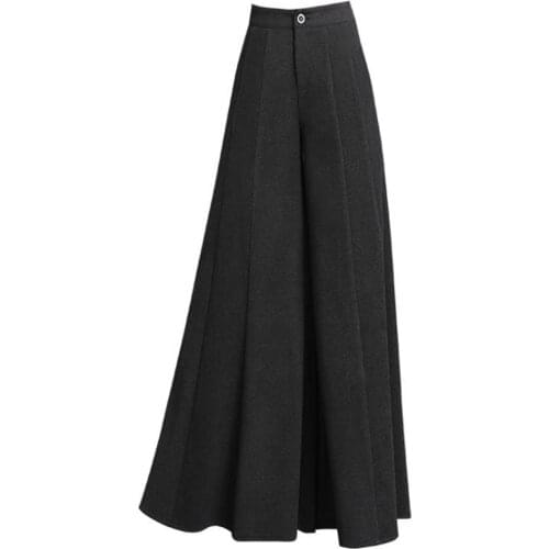 Women Black Woolen Wide Leg Pants Thick Warm Autumn Winter Office Ladies Work Clothes Female Casual High Waist Loose Trouser
