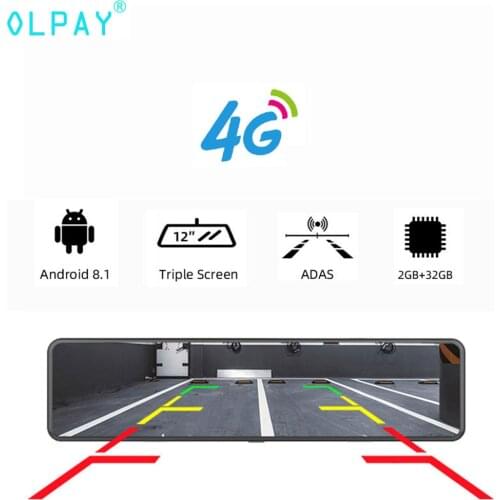 OLPAY 12" Car DVR FHD 1080P Touch Square Screen Dash cam Rear View Camera Android 8.1 Wifi 3 split screen Rearview mirror camera