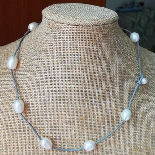 18 inches 11-12mm White Rice Pearls and Silver Leather Cord Necklace