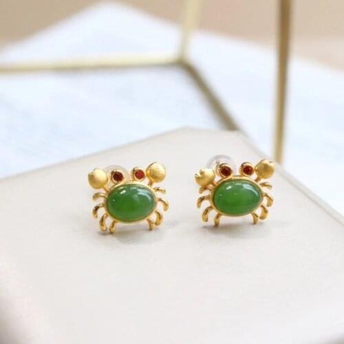 Natural Jasper Crab Stud Earrings S925 Sterling Silver Cute Fashion Earrings Hetian Jade Unique Exquisite Earrings Silver Jewelr