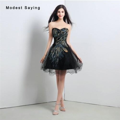 Sexy Black Ball Gown Peacock Embroidery Beaded Cocktail Dresses 2017 with Lace Up Back Short Party Prom Gown vestidos de coctel