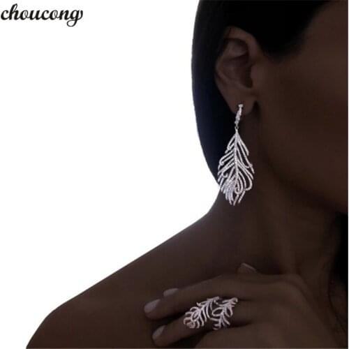 Choucong FEATHER Drop earring AAAAA zircon White Gold Filled leaf Wedding Dangle Earrings for women evening Party jewelry Gift