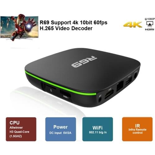 R69 Android 7.1 Smart TV Box 2GB+16GB Allwinner H3 Quad-Core (1.5GHZ) WiFi 802.11 b/g/n Media Player