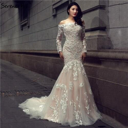 Serene Hill Boat Neck Lace Flowers Mermaid Wedding Dress Long Sleeves Sexy Slim Bridal Gown Robe De Mariage 2020 CHM66353