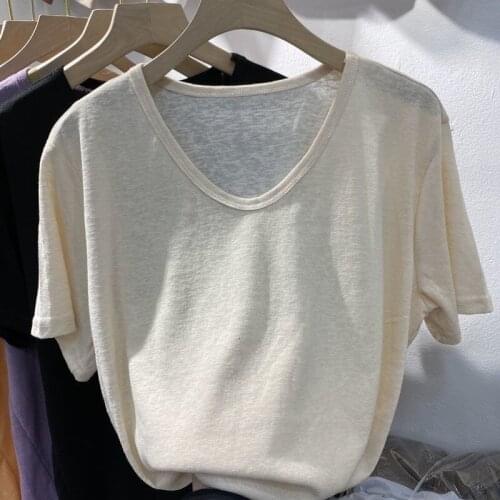 Loose Solid Cotton Linen Women T-Shirts Summer New 2021 V-Neck Short-Sleeved Casual All Match Female Pulls Tops Tees X532