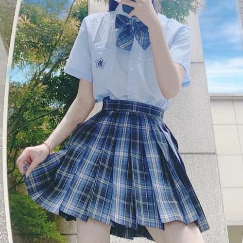 Xiaolan purple short-sleeved shirt white night neon purple grid skirt jk suit college style sweet same grid bow tie